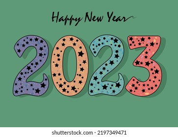 Happy New Year 2023. Colorful number with black stars decor. Gothic New Year. Green Background.Vector Illustration