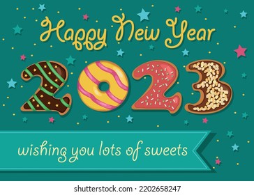 Happy New Year 2023. Colorful number as sweet donuts with cream and nuts decor. Background with stars and confetti. Banner for custom text. Cream text - Happy New Year. Vector Illustration