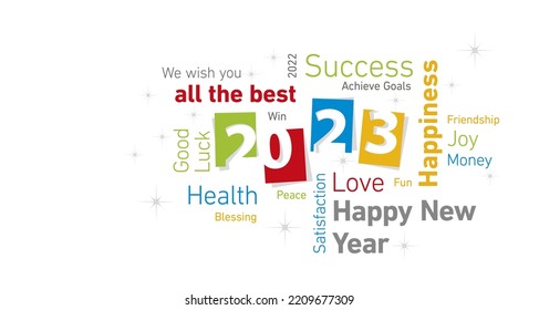 Happy New Year 2023 Colorful Negative Space Numbers Word Cloud Text White Isolated Background Vector