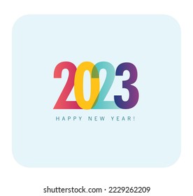 Happy New year 2023 colorful announcement post template on cyan background. happy new year 2023. 2023 Happy New Year logo text design for social media post.  Minimalistic new year trendy background.