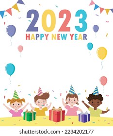 Happy new year 2023, Colorful Merry Christmas kids background, happy children with party HNY, banner Template for advertising brochure. poster Vector Illustration