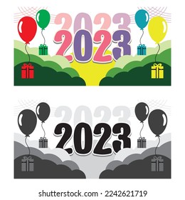 Happy New Year 2023. colorful and simple combination of cloud, balloon, gift icon. Vector illustration background for new year's eve and new year's resolutions and happy wishes