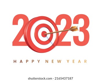 Happy New Year 2023 concept. Greeting card with red numbers and round target with arrow. New goals for next year and achieving success. Website design. Realistic gradient vector illustration