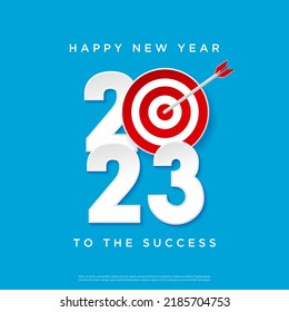 Happy New Year 2023 concept. Greeting card and round target with arrow. square background.