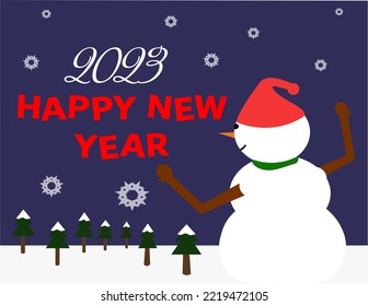 Happy New Year 2023 concept with snowman and snowflakes. Vector can be used as display, print, website banner, social media post, greeting card, postcard.