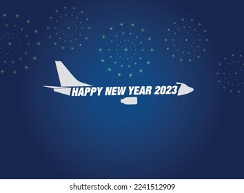 Happy New year 2023 concept travel on the blue background below with plane vector illustration. Vector drawing by passenger airplane new year concept.