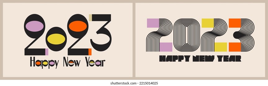 Happy New Year 2023 conceptual design with extraordinary retro numbers and letters on beige background. Abstract vector illustration for holiday flyer, banner or brochure