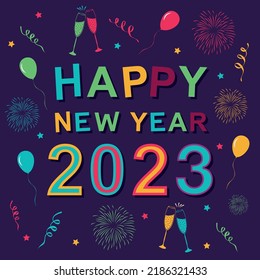 Happy new year 2023 with confetti and fireworks.