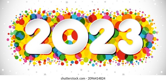 A Happy New Year 2023 congrats. Horizontal logotype concept. Web banner idea. Snowy white backdrop. Abstract isolated graphic design template. Decorative coloured digits. Creative Christmas decoration