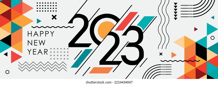 happy new year 2023 cover with modern geometric abstract background in retro style. happy new year greeting card banner design for 2023 calligraphy includes colorful shapes. Vector illustration