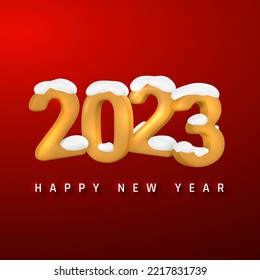 Happy New Year 2023 cover. Yellow numbers 2023 with white snow on red background. Vector illustration.