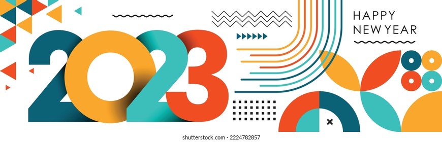 happy new year 2023 cover with modern abstract geometric design and background in retro style. new year greeting card banner for 2023 typography and resolution. Colorful Vector illustration.