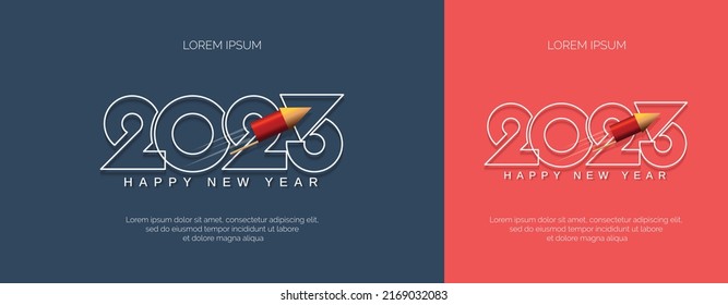 Happy new year 2023. Creative concept of 2023 new year with line number and rocket firework concept