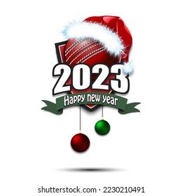 Happy new year 2023. Cricket logo template design. Cricket ball in santa hat. Design pattern for greeting card, banner, poster. Vector illustration on isolated background