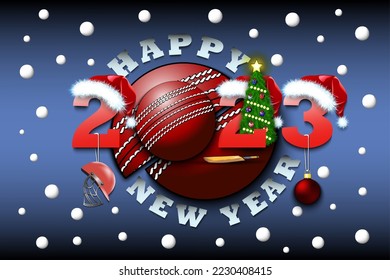 Happy new year. 2023 with cricket ball. Numbers in Christmas hats with cricket helmet and Christmas tree ball. Original template design for greeting card. Vector illustration on isolated background