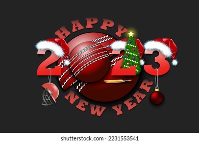 Happy new year. 2023 with cricket ball. Numbers in Christmas hats with cricket helmet and Christmas tree ball. Original template design for greeting card. Vector illustration on isolated background