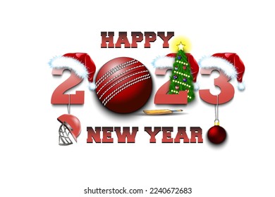 Happy new year. 2023 with cricket ball. Numbers in Christmas hats with cricket helmet and Christmas tree ball. Original template design for greeting card. Vector illustration on isolated background