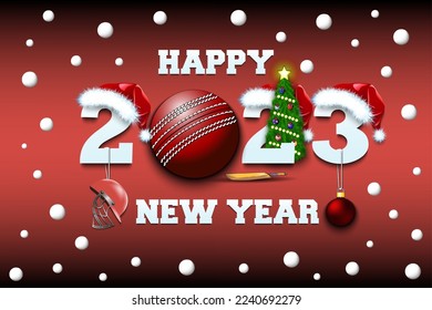 Happy new year. 2023 with cricket ball. Numbers in Christmas hats with cricket helmet and Christmas tree ball. Original template design for greeting card. Vector illustration on isolated background