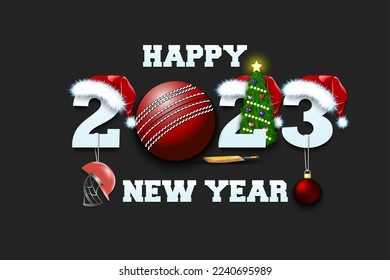 Happy new year. 2023 with cricket ball. Numbers in Christmas hats with cricket helmet and Christmas tree ball. Original template design for greeting card. Vector illustration on isolated background