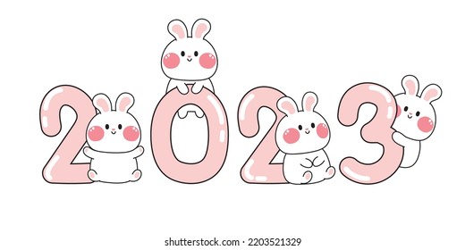 Happy new year 2023 and cute rabbit cartoon Animal character design Kid graphic Festival December Kawaii Vector Illustration 