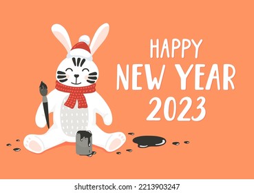 Happy New Year 2023. Cute white rabbit painting face like a tiger. Children holiday's education illustration. 2023 year of rabbit changing 2022 year of tiger.