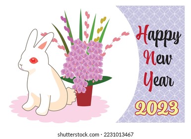 Happy New Year 2023 Cute Bunny Rabbit Greeting Card with Phalaenopsis Orchid Flower