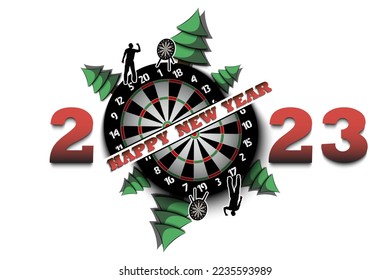 Happy new year. 2023 with dartboard, Christmas trees and darts player. Original template design for greeting card, banner, poster. Vector illustration on isolated background