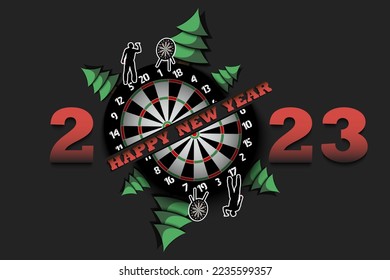 Happy new year. 2023 with dartboard, Christmas trees and darts player. Original template design for greeting card, banner, poster. Vector illustration on isolated background