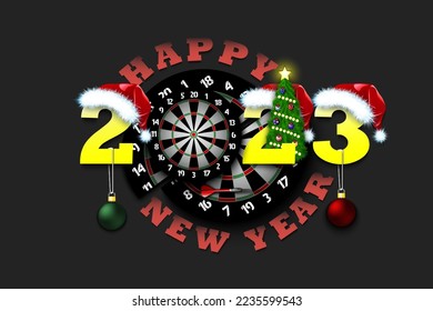 Feliz año nuevo. 2023 con dartboard. Números en sombreros de Navidad con bolas de árbol de Navidad. Diseño de plantilla original para tarjeta de felicitación. Ilustración del vector en el fondo aislado