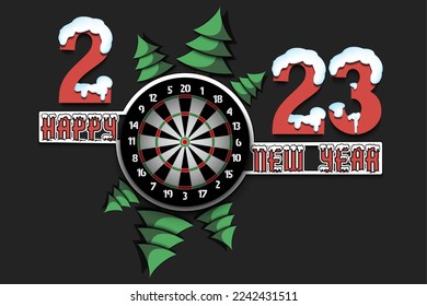 Happy new year. 2023 with dartboard and Christmas trees. Snowy numbers and letters. Original template design for greeting card, banner, poster. Vector illustration on isolated background