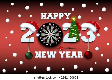 Happy new year. 2023 with dartboard. Numbers in Christmas hats with dart and Christmas tree ball. Original template design for greeting card. Vector illustration on isolated background