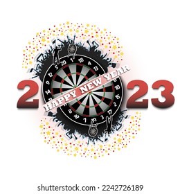 Happy new year 2023. Dartboard with darts player and fans. Creative design pattern for greeting card, banner, poster, flyer, party invitation. Vector illustration