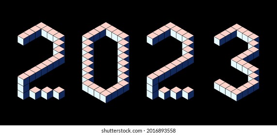 Happy New Year 2023 Design for Calendar, Holidays Flyers or Prints. Pixel, 8 bit, isometric style. Vector illustration
