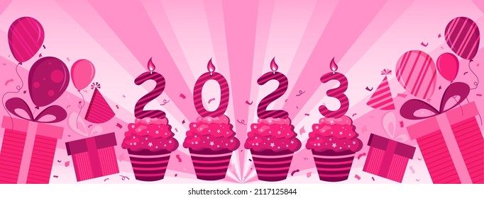 Happy new year 2023. Design card with decoration balloons and gift boxes in shades pink color, vector illustration.