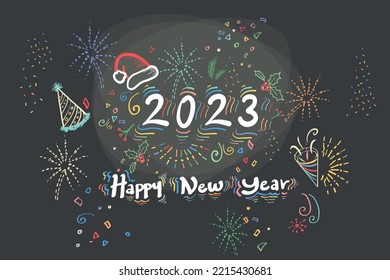 Happy new Year 2023 Design Hand Drawn Doodle Style New Year and Christmas Colorful Decorations. Vector Greeting Card Template Black Friday Sale Advertising Colorful Neon Holiday Attractive Texture