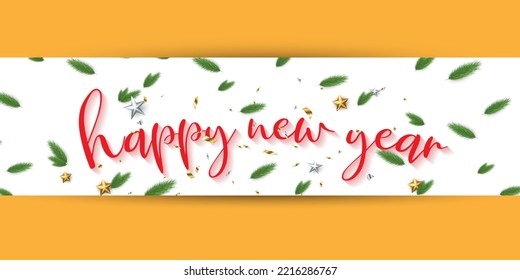 Happy New Year 2023. design banner red text and green leaf pattern, star metal on white background.