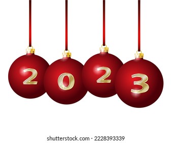Happy New Year 2023 design. Vector greeting illustration with golden numbers on Red Christmas Balls Hanging on red ribbon