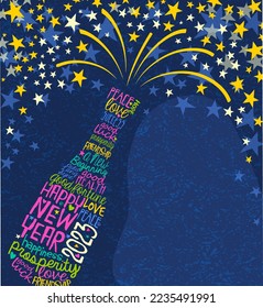 Happy New Year 2023 design.  Abstract champagne bottle with inspiring handwritten words and bursting stars.For greeting cards, social media, banners, posters.