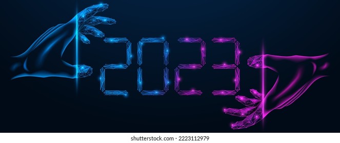 Happy New Year 2023. Digital date in hands. Polygonal design of lines and dots. Blue background.