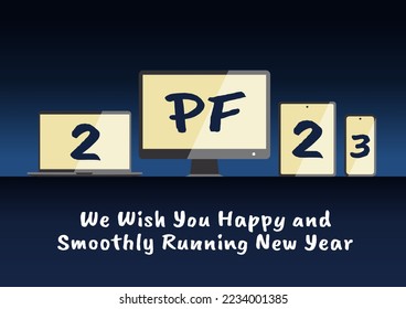 Happy New Year 2023 displayed on multiple smart devices. Notebook, Desktop computer, Tablet and Mobile phone synchronized to display number 2023 for Holidays Greetings.