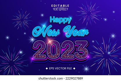 Happy new year 2023 editable neon text effect with colorful halftone sparkles, fireworks, stars