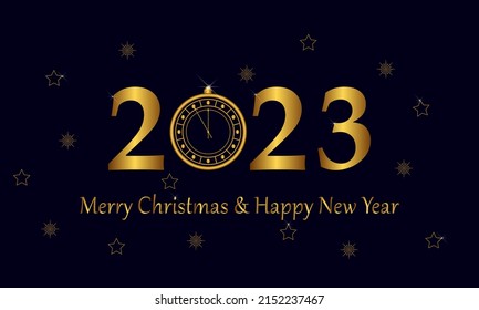 Happy New Year 2023! Elegant Christmas greeting with realistic golden metallic text and 3D clock. Vector illustration