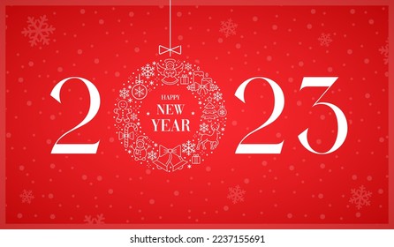 Happy New Year 2023 in elegant Red, White linear style with a Christmas wreath