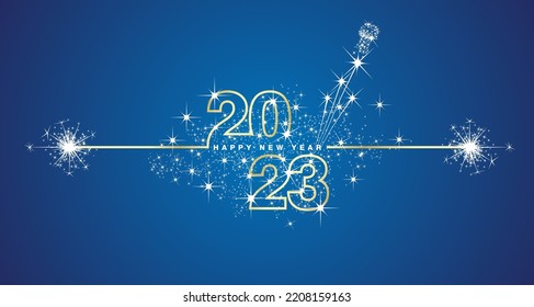 Feliz Año Nuevo 2023 diseño de víspera cargando fuego brillante champán abierto de pantalla azul dorado vectores papel de pared tarjeta de saludo