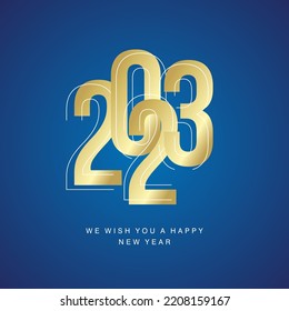 Happy New Year 2023 eve golden white line and bold condensed design typography blue isolated background icon logo button