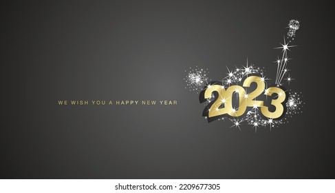 Happy New Year 2023 eve modern design with light sparkle firework white stars gold black greeting card vector design