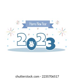 Happy new year 2023 ,new year festival, white rabbit with blue text 2023