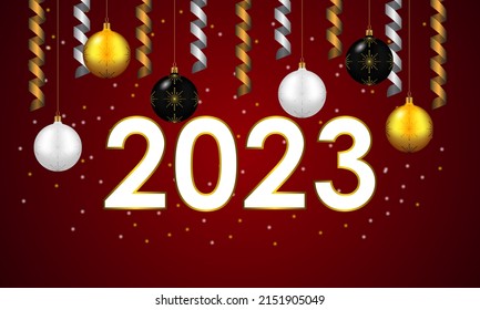 Happy new year 2023. Festive design with Christmas decorations, balls and streamer