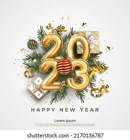 Happy New Year 2023. festive realistic decoration. Celebrate party 2023 on white background