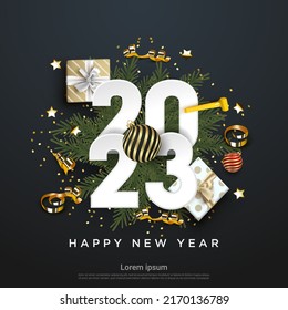 Happy New Year 2023. festive realistic decoration. Celebrate party 2023 on black background